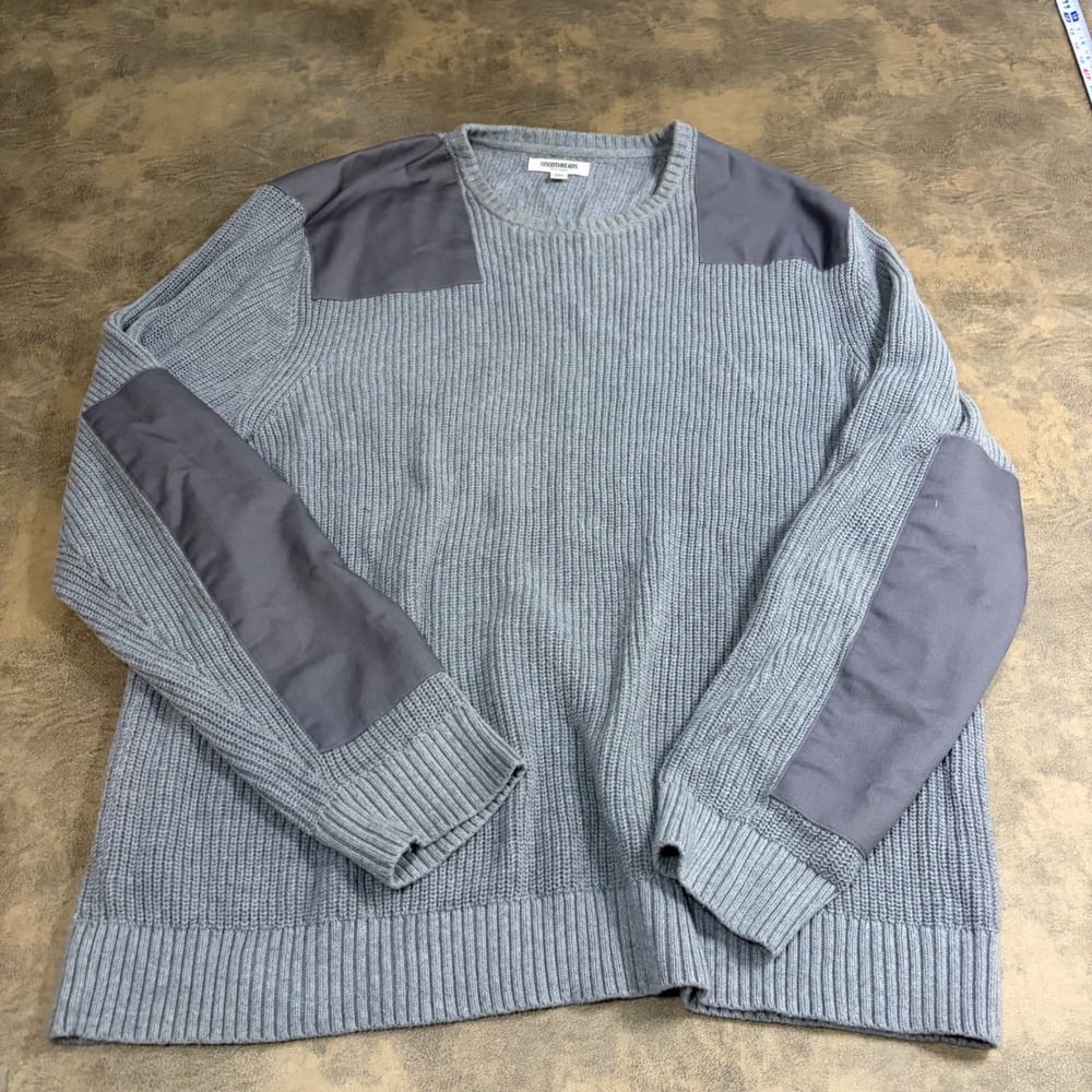 Goodthreads Sweater Mens XXXL Grey Cotton Military Shoulder Elbow Patch Commando